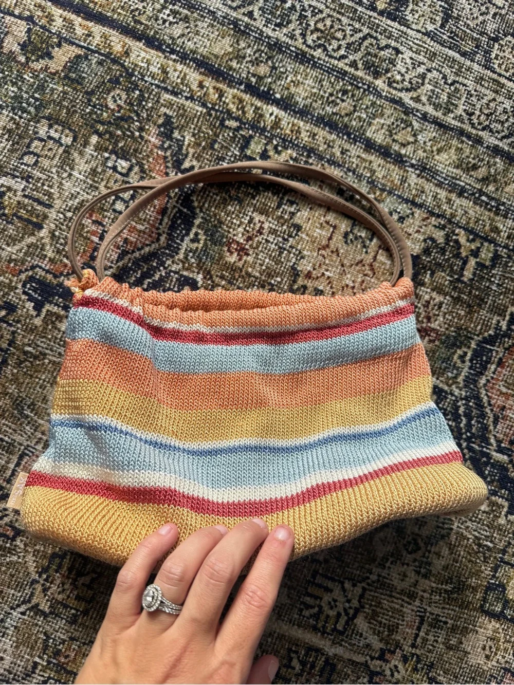 Striped Knit Shoulder Bag - Pastel Boho Crochet Handbag The Sak